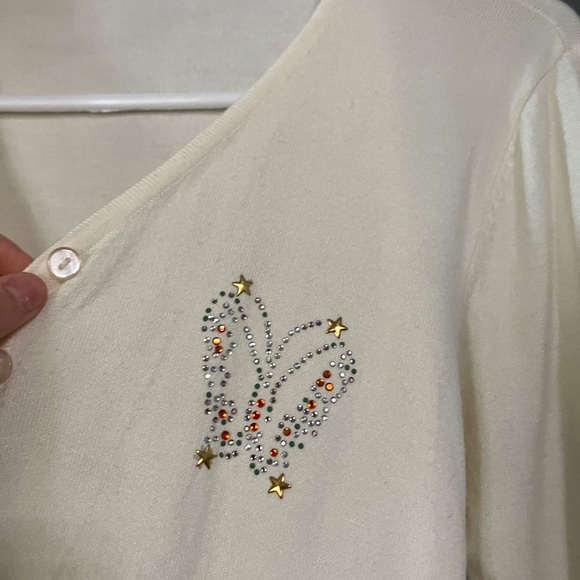 3/4 Sleeve Cream Cardigan with Butterfly Sequin Design - fits like women's S - Picture 2 of 3